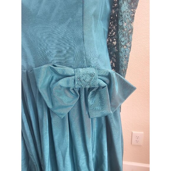 Vintage 80s Evening Dress Medium Teal Modest Full Skirt - Picture 4 of 7